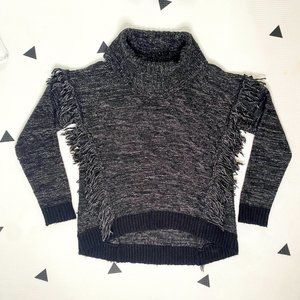 RD Style Fringe Marled Knit Charcoal Cowl Turtleneck High / Low Sweater